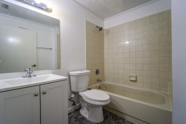 full bath with toilet, visible vents, shower / washtub combination, and vanity