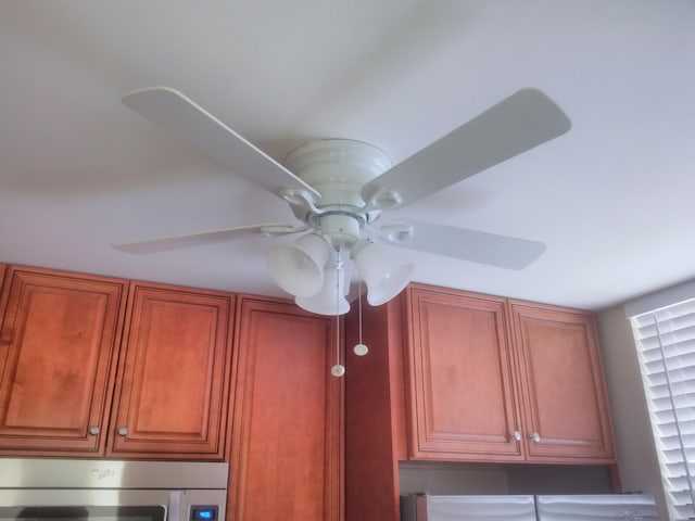 interior details featuring stainless steel microwave and ceiling fan