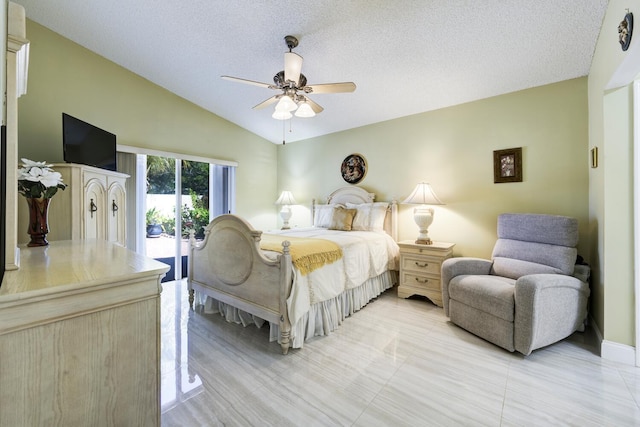 bedroom with access to outside, lofted ceiling, a textured ceiling, and ceiling fan