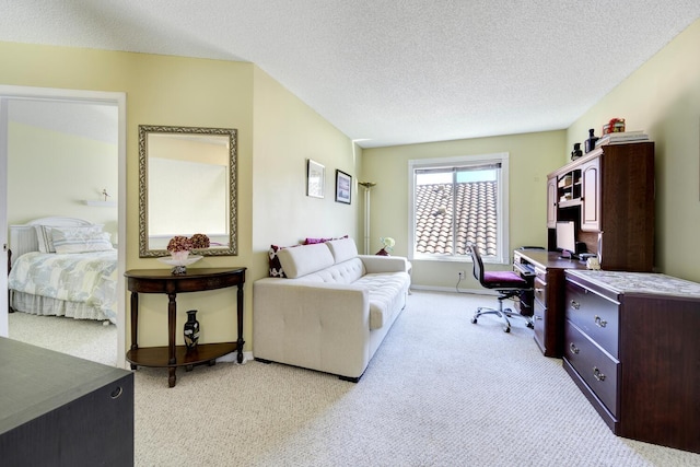 home office with a textured ceiling, baseboards, and light colored carpet