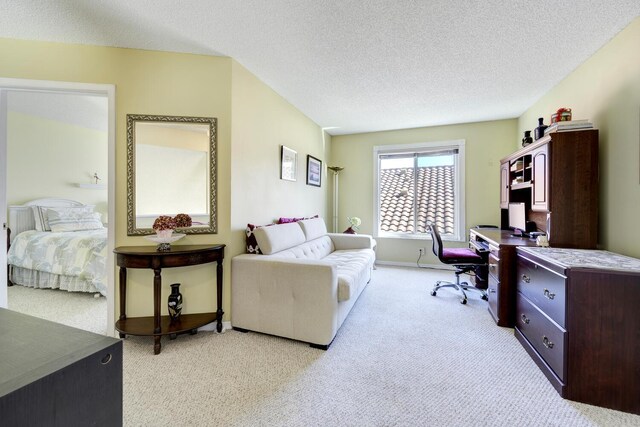 office area with light colored carpet, a textured ceiling, and baseboards