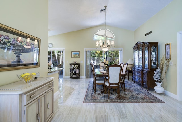 dining room featuring a chandelier, high vaulted ceiling, visible vents, and baseboards