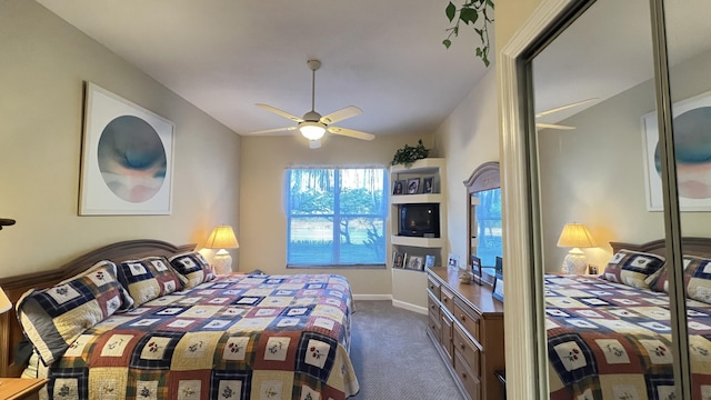 bedroom with baseboards, ceiling fan, and dark carpet