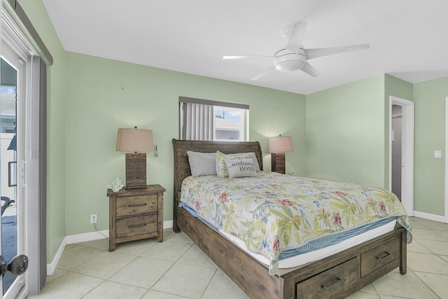 bedroom featuring a ceiling fan, baseboards, and light tile patterned floors