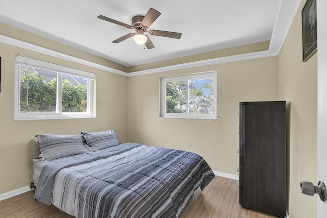 bedroom featuring multiple windows, baseboards, and wood finished floors