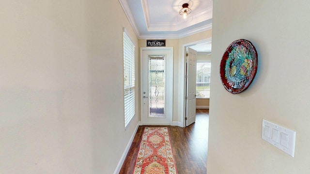 doorway to outside featuring ornamental molding, a raised ceiling, baseboards, and wood finished floors