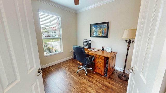 office with ceiling fan, crown molding, baseboards, and wood finished floors