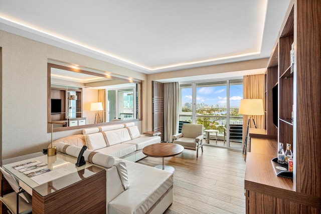 living room with a tray ceiling and wood finished floors