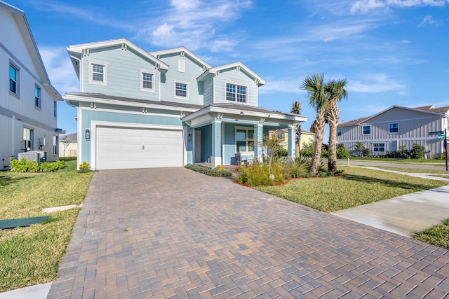 1396 Bushel Creek Xing, Loxahatchee, FL 33470 - traditional-style house featuring a porch, a front lawn, decorative driveway, an attached garage, and a residential view