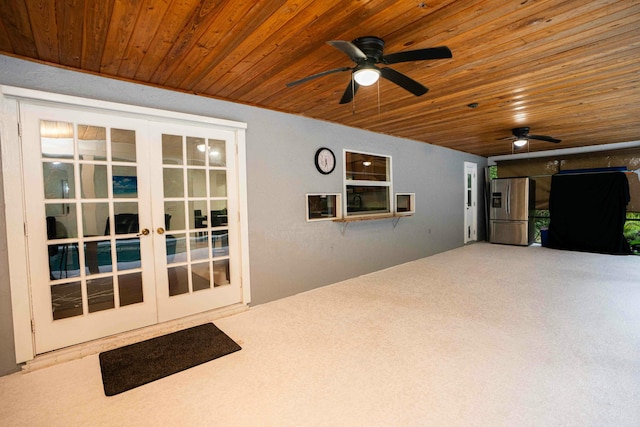 interior space featuring french doors, wooden ceiling, and ceiling fan