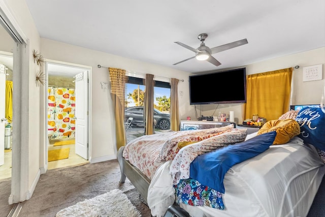 bedroom with access to exterior, carpet floors, ceiling fan, ensuite bath, and baseboards