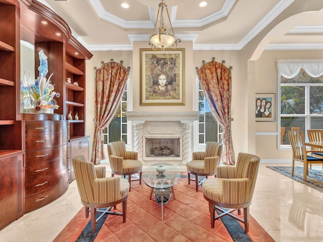3934 Sherwood Blvd, Delray Beach, FL 33445 - living area featuring crown molding, recessed lighting, baseboards, and a premium fireplace