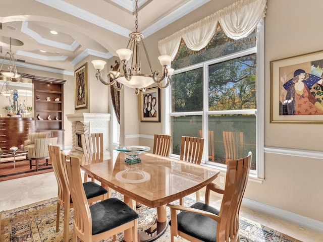 3934 Sherwood Blvd, Delray Beach, FL 33445 - dining area with crown molding, a notable chandelier, arched walkways, marble finish floor, and coffered ceiling