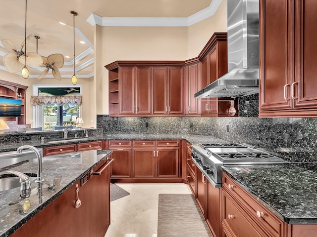 kitchen with stainless steel gas cooktop, open shelves, wall chimney exhaust hood, and ornamental molding