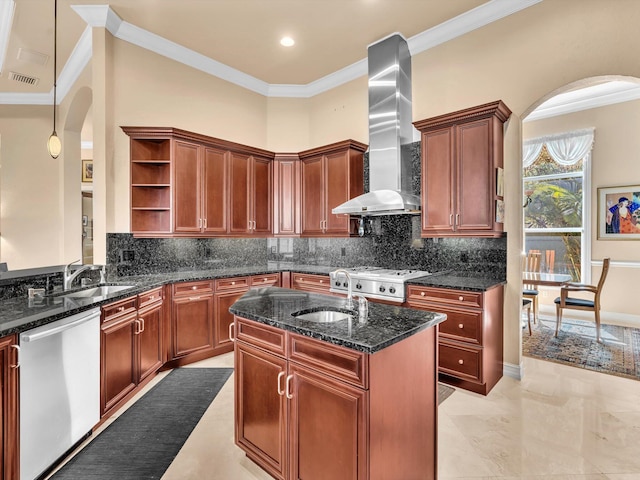 kitchen featuring open shelves, a sink, stainless steel dishwasher, arched walkways, and wall chimney range hood