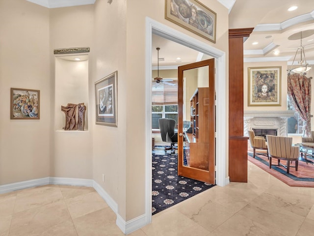 hallway featuring crown molding, recessed lighting, and baseboards