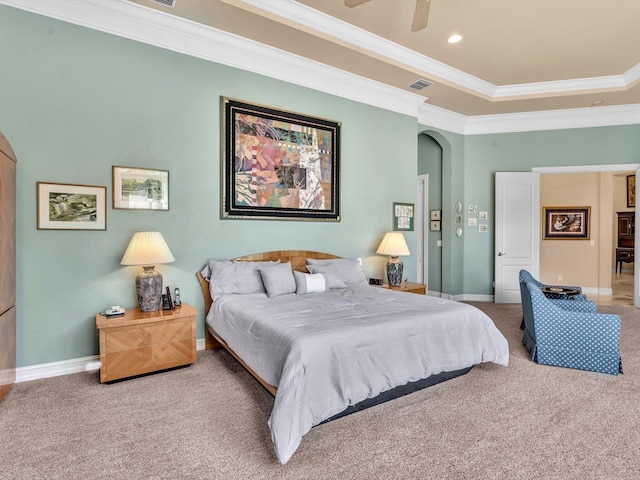 carpeted bedroom featuring recessed lighting, baseboards, arched walkways, and ornamental molding