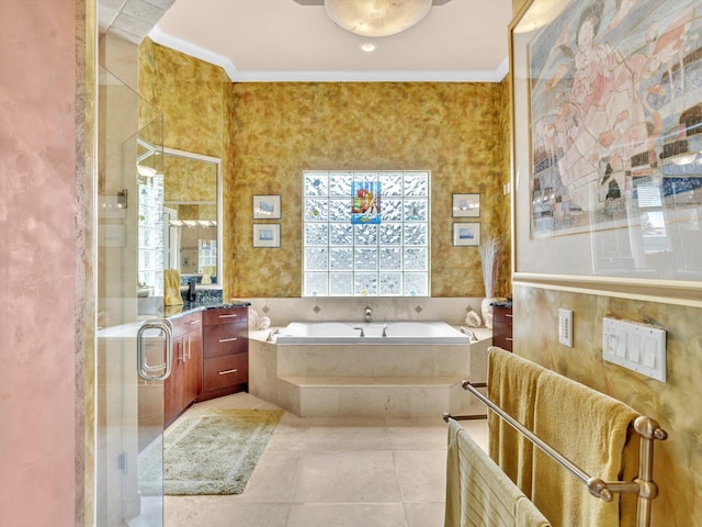 3934 Sherwood Blvd, Delray Beach, FL 33445 - bathroom with a garden tub, crown molding, tile patterned flooring, a shower stall, and vanity