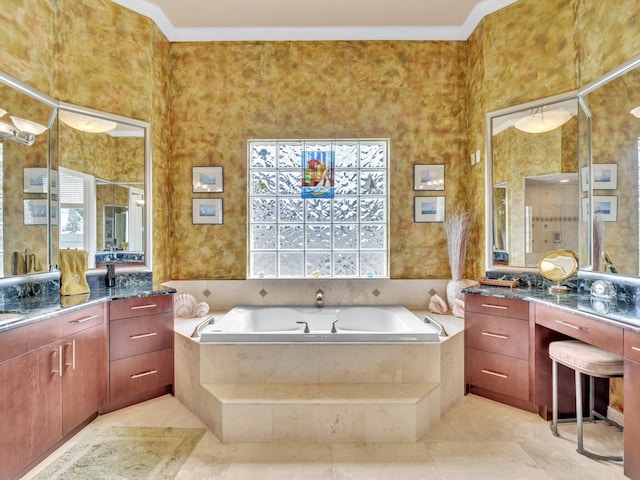 3934 Sherwood Blvd, Delray Beach, FL 33445 - full bath featuring vanity, ornamental molding, a garden tub, and tile patterned floors