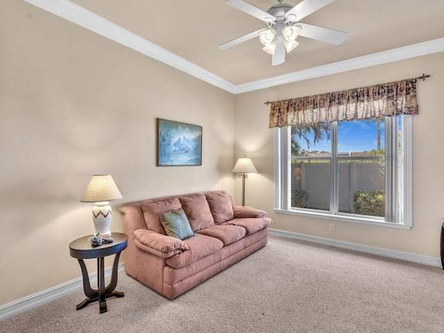 3934 Sherwood Blvd, Delray Beach, FL 33445 - carpeted living area with crown molding, ceiling fan, and baseboards