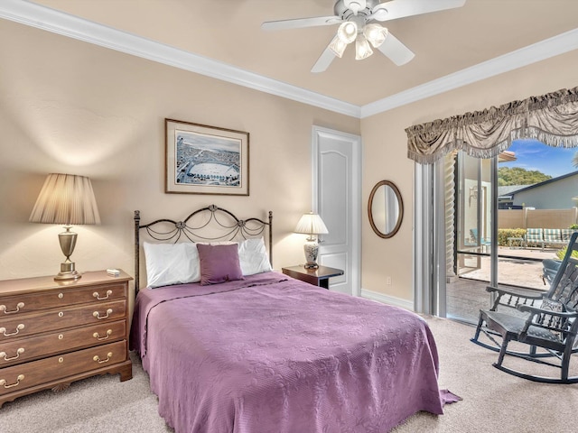 3934 Sherwood Blvd, Delray Beach, FL 33445 - carpeted bedroom with crown molding, baseboards, a ceiling fan, and access to exterior