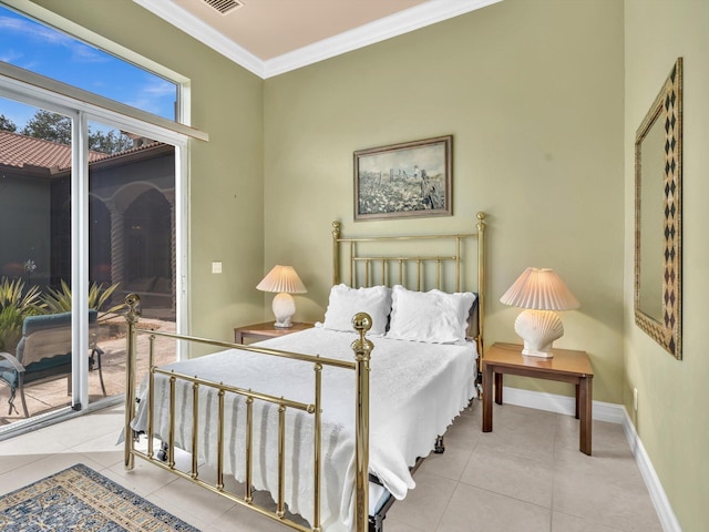 tiled bedroom with access to outside, visible vents, baseboards, and ornamental molding