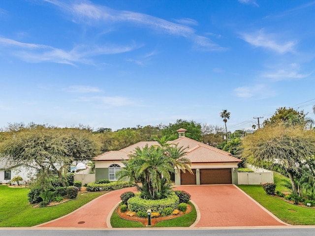 view of front facade with a tiled roof, decorative driveway, an attached garage, and stucco siding