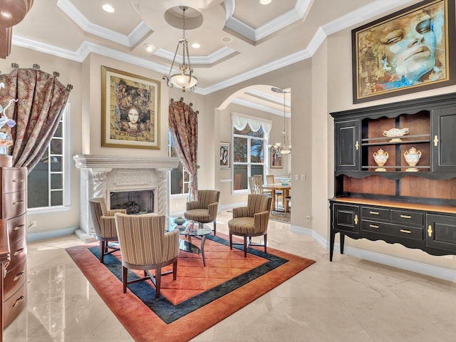 3934 Sherwood Blvd, Delray Beach, FL 33445 - living area with a fireplace, arched walkways, marble finish floor, ornamental molding, and coffered ceiling