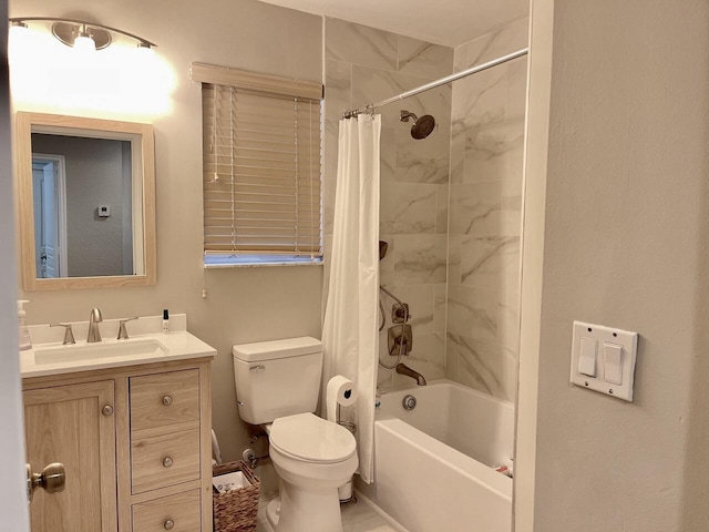 bathroom with toilet, shower / bath combo, and vanity