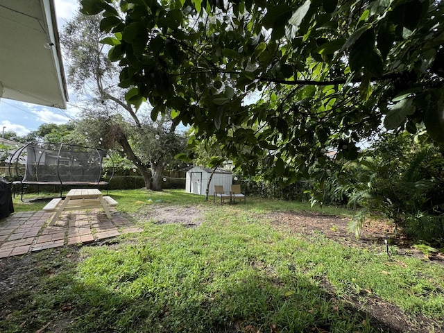 view of yard with a fenced backyard, a trampoline, a storage unit, and an outbuilding