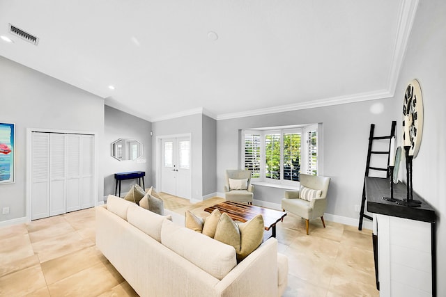 living room featuring lofted ceiling, baseboards, visible vents, and ornamental molding