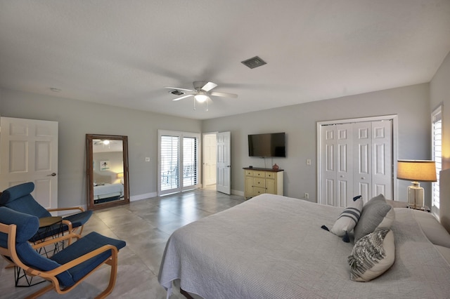 bedroom featuring a closet, visible vents, a ceiling fan, and baseboards