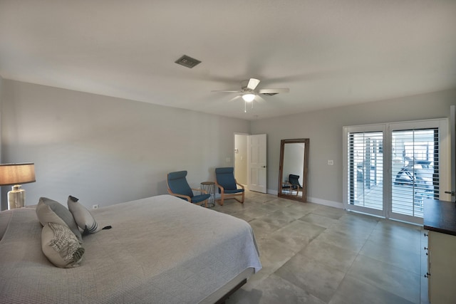 bedroom with visible vents, baseboards, ceiling fan, and access to outside