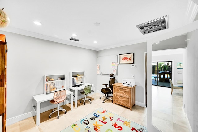 office space with crown molding, recessed lighting, baseboards, and visible vents