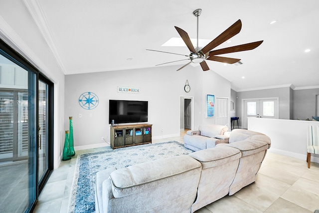 living area featuring lofted ceiling, a ceiling fan, baseboards, and ornamental molding