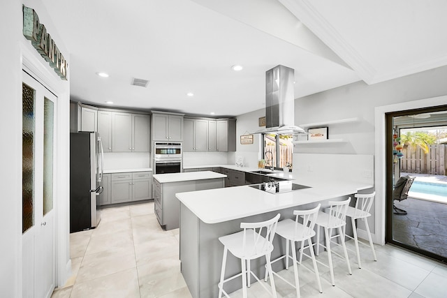 kitchen featuring gray cabinetry, a peninsula, island range hood, stainless steel appliances, and a sink