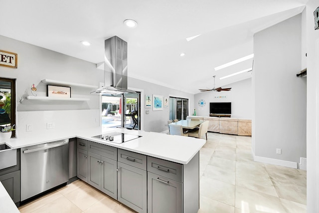 kitchen featuring a peninsula, open shelves, gray cabinetry, dishwasher, and black electric cooktop