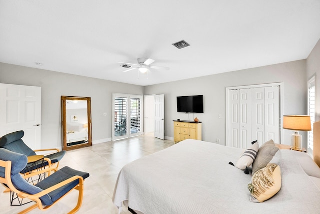 bedroom with visible vents, a ceiling fan, a closet, baseboards, and access to exterior