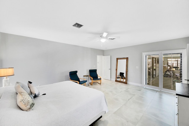 bedroom with access to exterior, visible vents, baseboards, and a ceiling fan