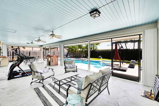 view of patio with an outdoor living space, a fenced backyard, a ceiling fan, and a pool with connected hot tub