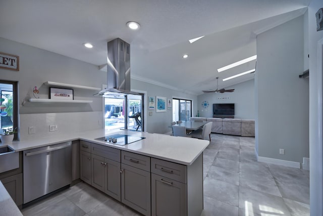 kitchen featuring black electric cooktop, stainless steel dishwasher, a peninsula, and gray cabinets