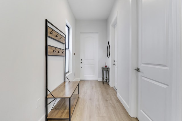 corridor featuring a healthy amount of sunlight, light wood-type flooring, and baseboards