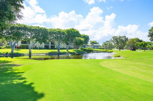 view of property's community with a yard and a water view