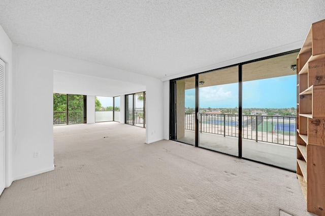 carpeted spare room with expansive windows, a textured ceiling, and a wealth of natural light