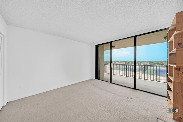 unfurnished room featuring expansive windows, a textured ceiling, and carpet