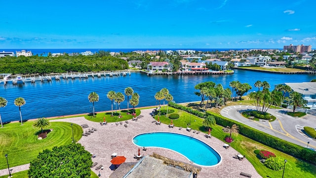 aerial view featuring a water view