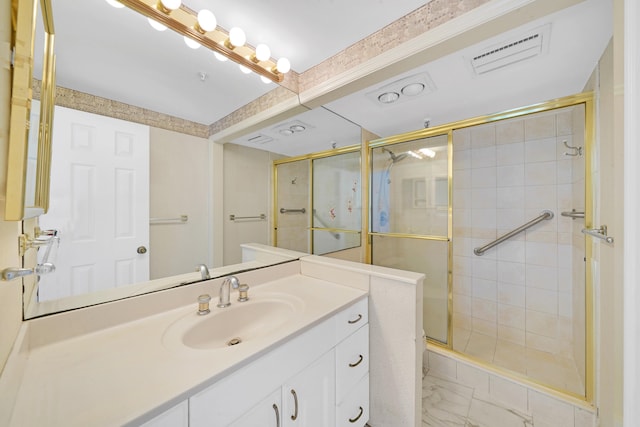 full bath featuring marble finish floor, vanity, a shower stall, and visible vents