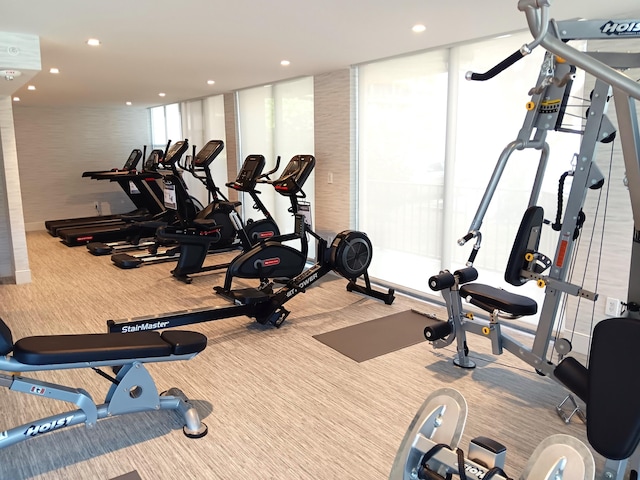 exercise room with carpet flooring and recessed lighting