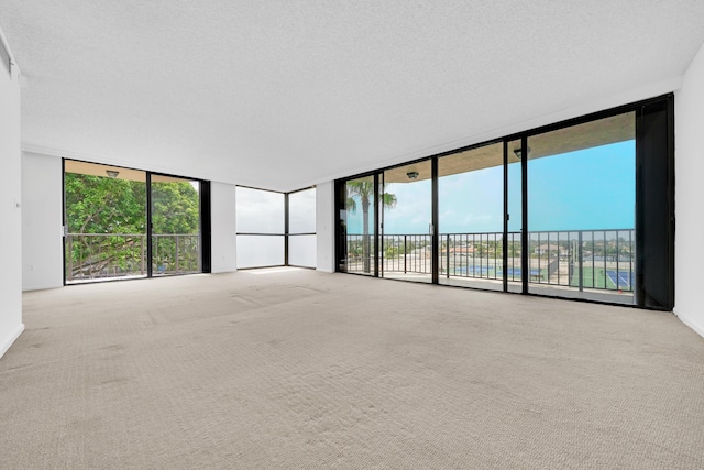 carpeted spare room with a textured ceiling and floor to ceiling windows