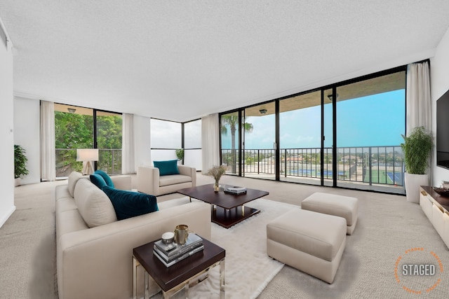 living room featuring expansive windows, a healthy amount of sunlight, and a textured ceiling